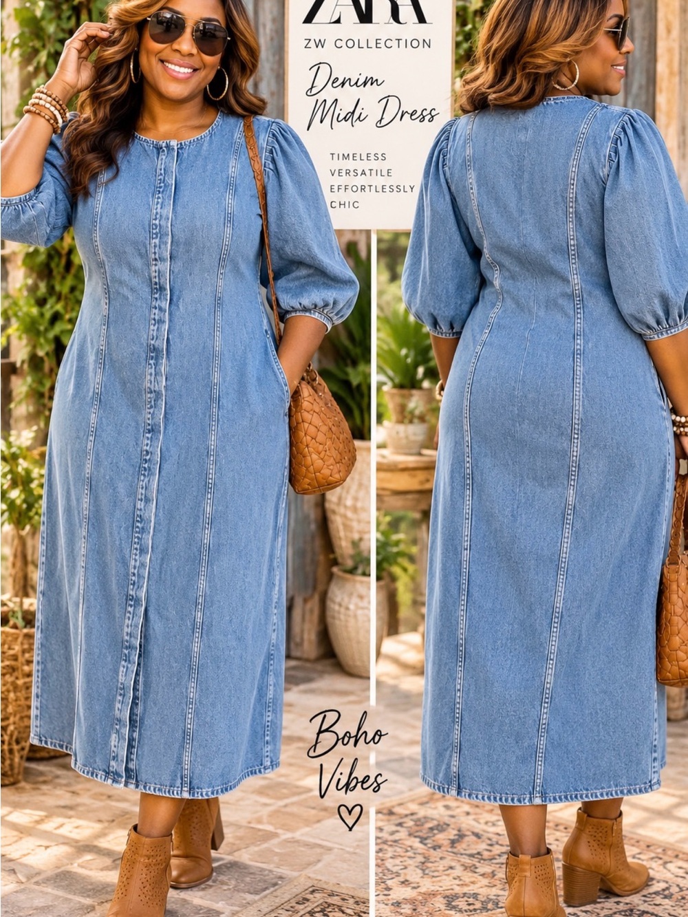 ZARA ZW Collection Denim Midi Dress Puff Sleeve Blue NWT XXL P2P 22’